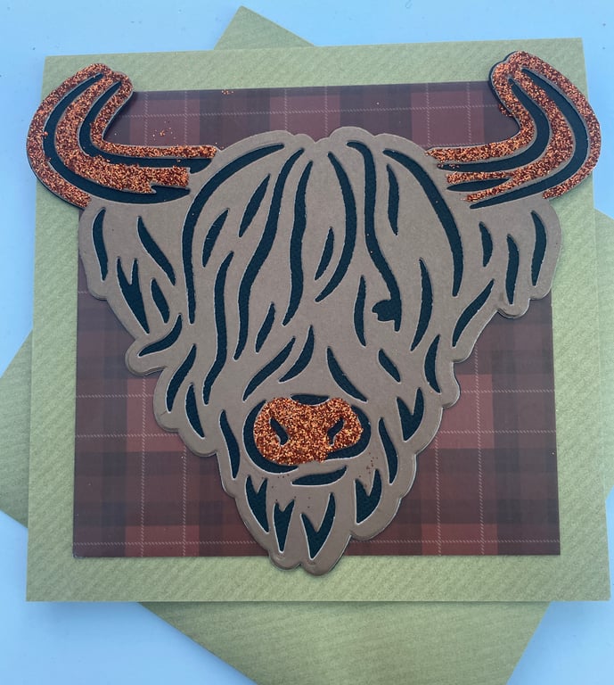 Tartan and sparkle highland cow Merry Christmas card