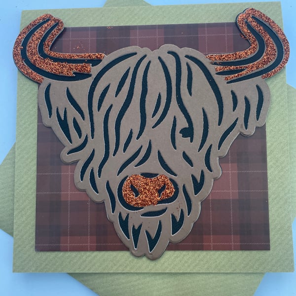Tartan and sparkle highland cow Merry Christmas card
