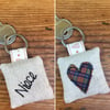 Niece key ring - embroidered heart - linen & lavender - denim blue