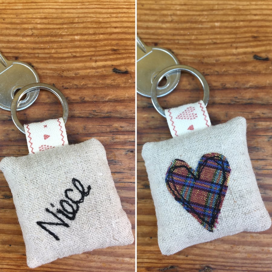 Niece key ring - embroidered heart - linen & lavender - sparkly tartan fabric 