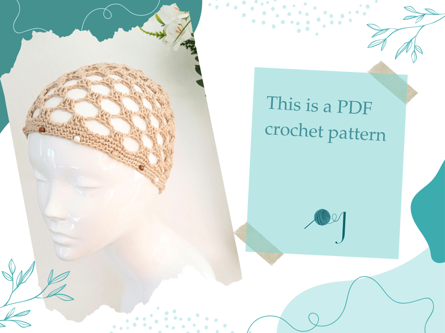 PDF Crochet Pattern for Square Mesh Skull Cap with Wooden Beads
