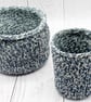 Hand Knitted pen Pot - Blue and White - Recycled Yarn - Image 4