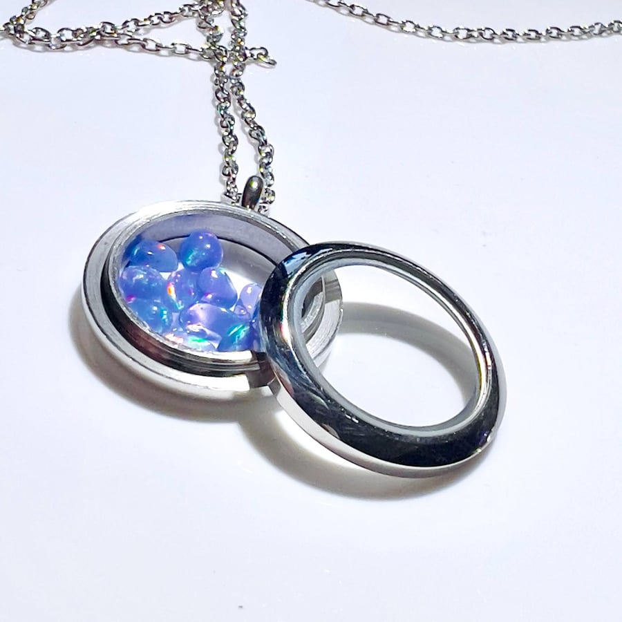 Silver Glass Locket Pendant with Floating AAA Ethiopian Opals, 21cm