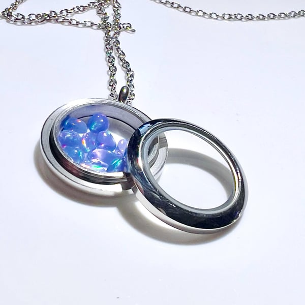 Silver Glass Locket Pendant with Floating AAA Ethiopian Opals, 21cm