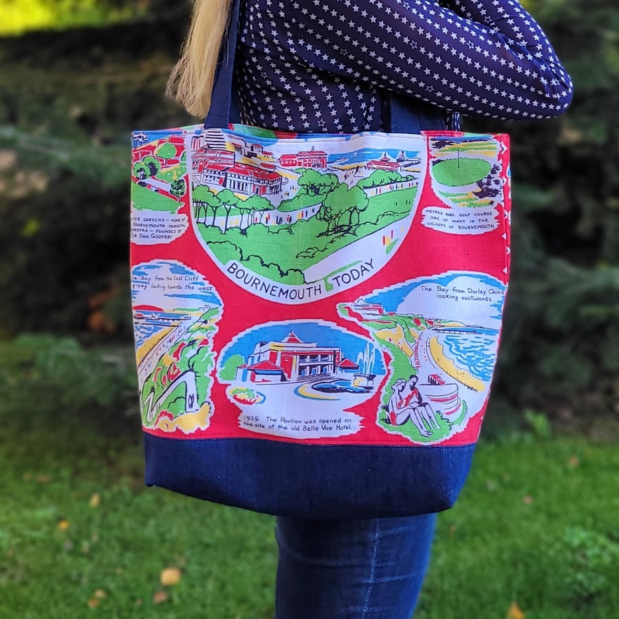 Large tote bag upcycled from vintage Bournemouth seaside teatowel 