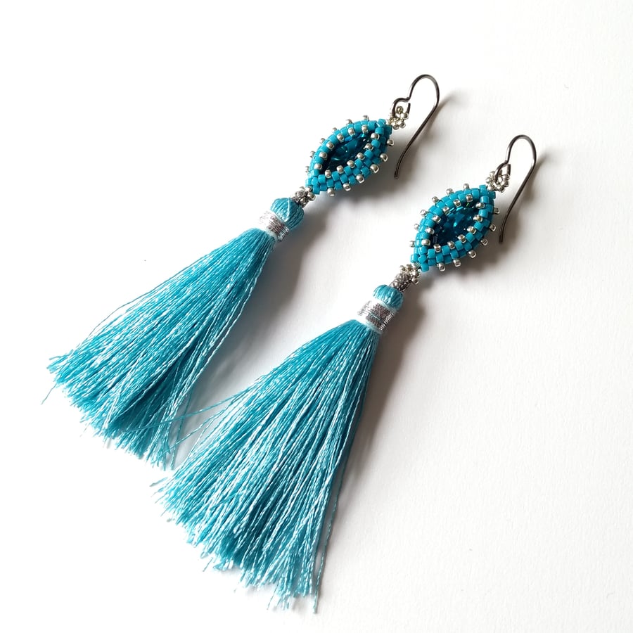 Statement Turquoise Tassel Beaded Earrings