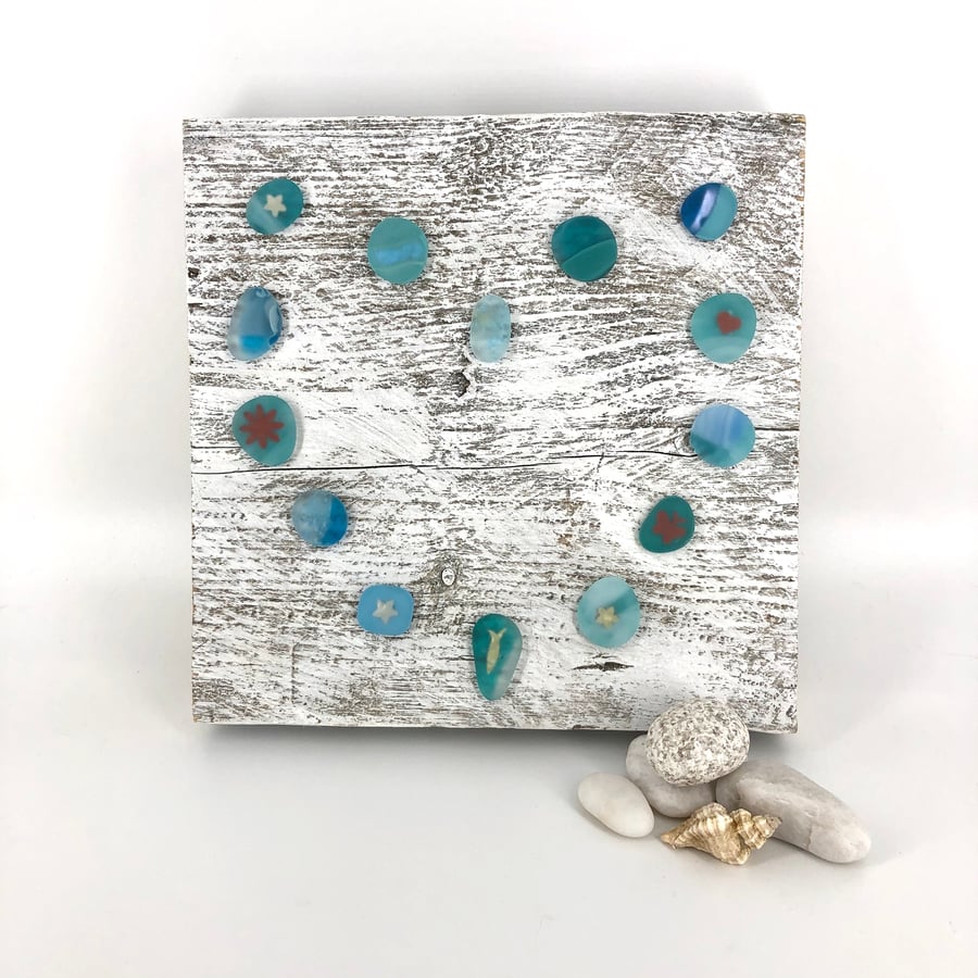 Turquoise Sea Glass Effect Heart Picture on Reclaimed Wood