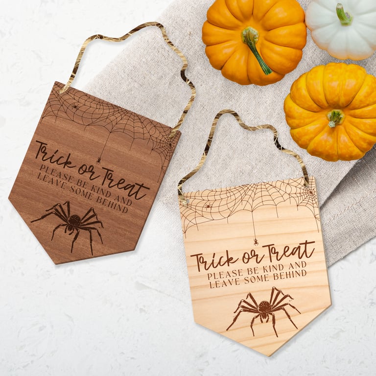 Trick Or Treat - Spider Front Door Halloween Sign, Wooden Door Plaque