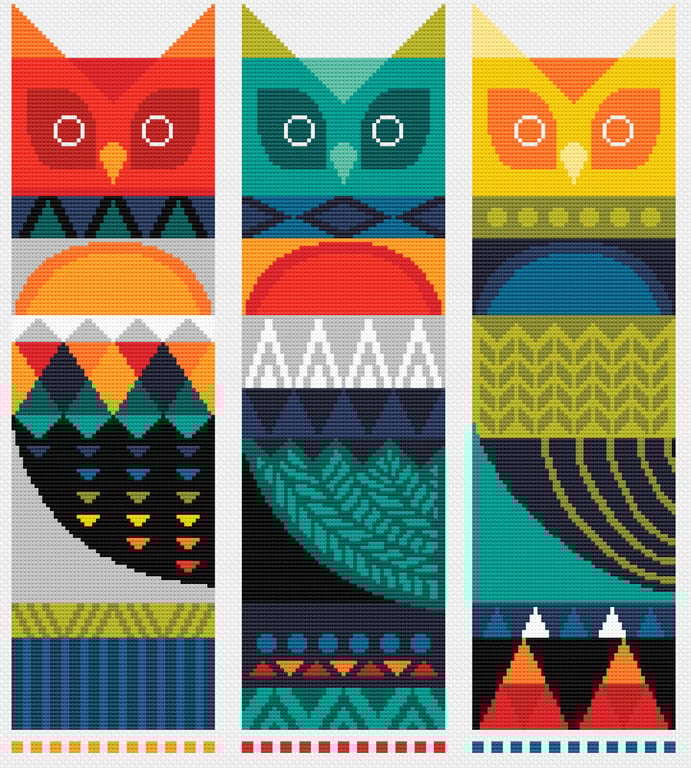 059 - Geometric Scandinavian Folk Art Owls - Cross Stitch Pattern