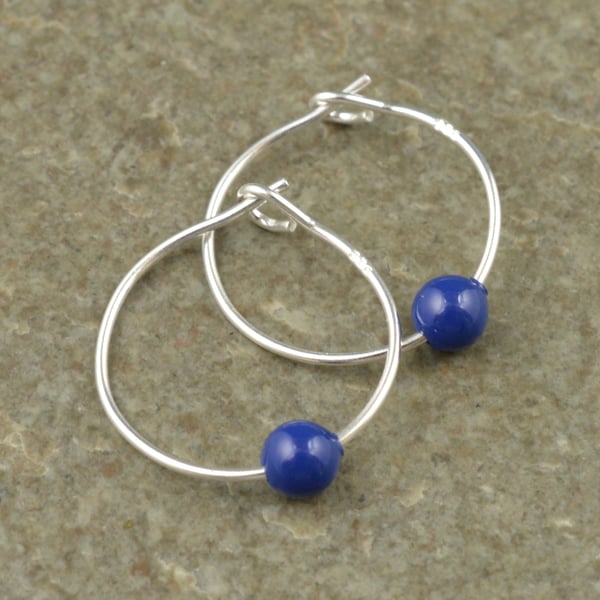 Boho 4mm Dark Blue Swarovski Crystal Pearl 15mm Sterling Silver Hoop Earrings