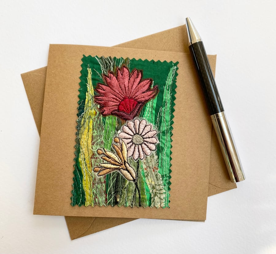 Up-cycled embroidered flower garden card. 