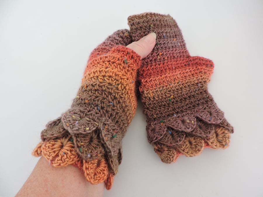 Crochet Fingerless Mitts with Dragon Scale Cuffs Brown Orange and Russet