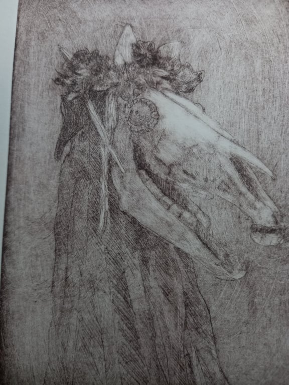 Mari Lwyd drypoint etching