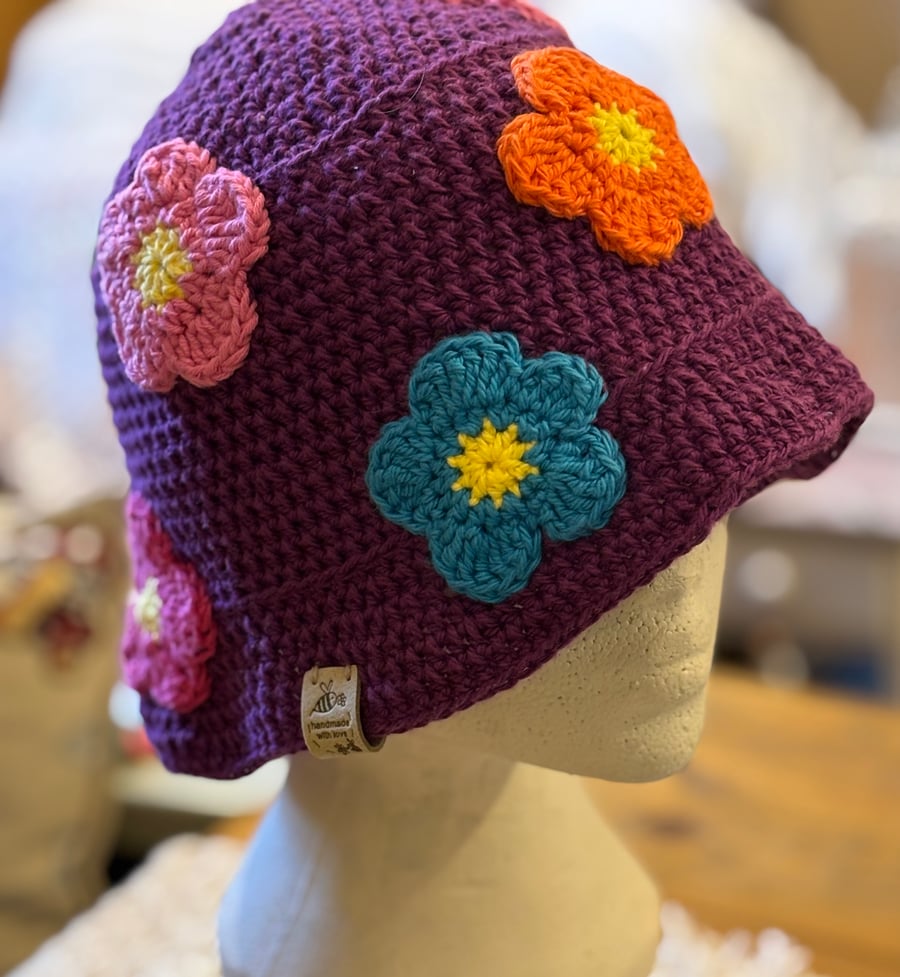 Crochet bright flower bucket hat purple