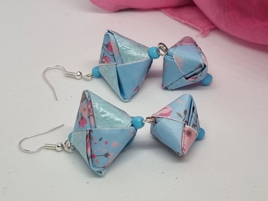 Origami earrings, pale blue and floral design paper