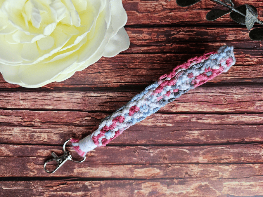 Multi-coloured macrame wristlet - blue and pink wristlet - eco-friendly yarn