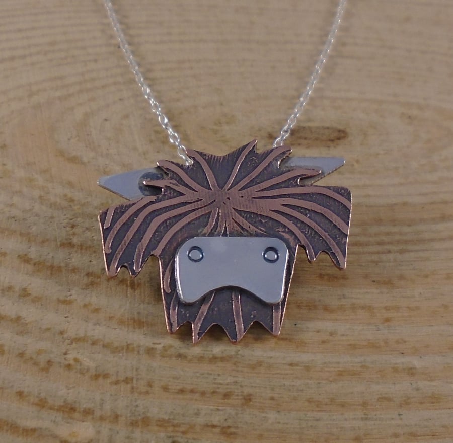 Copper and Sterling Silver Highland Cow Necklace