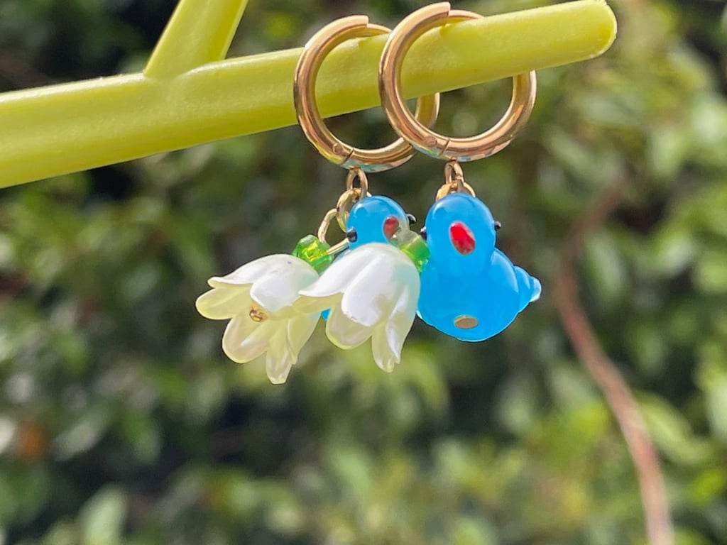 Glass bluebird flower huggie hoops Brass pearlised floral