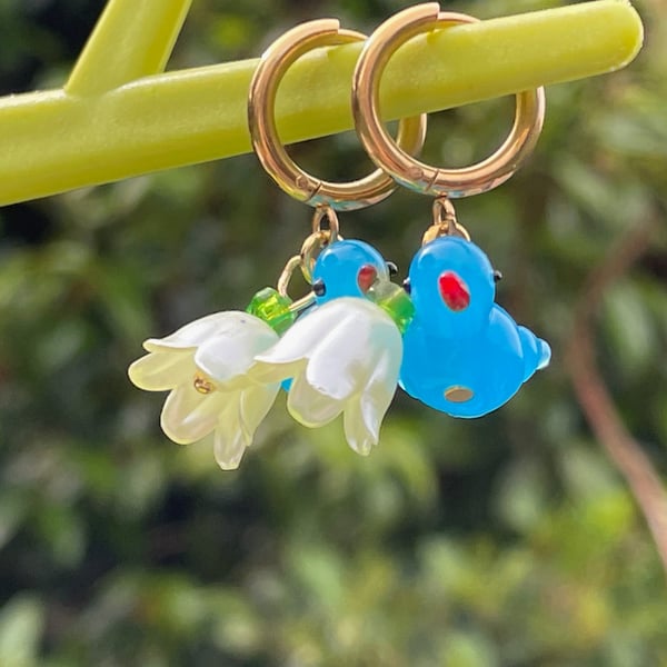 Glass bluebird flower huggie hoops Brass pearlised floral