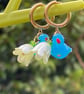 Glass bluebird flower huggie hoops Brass pearlised floral