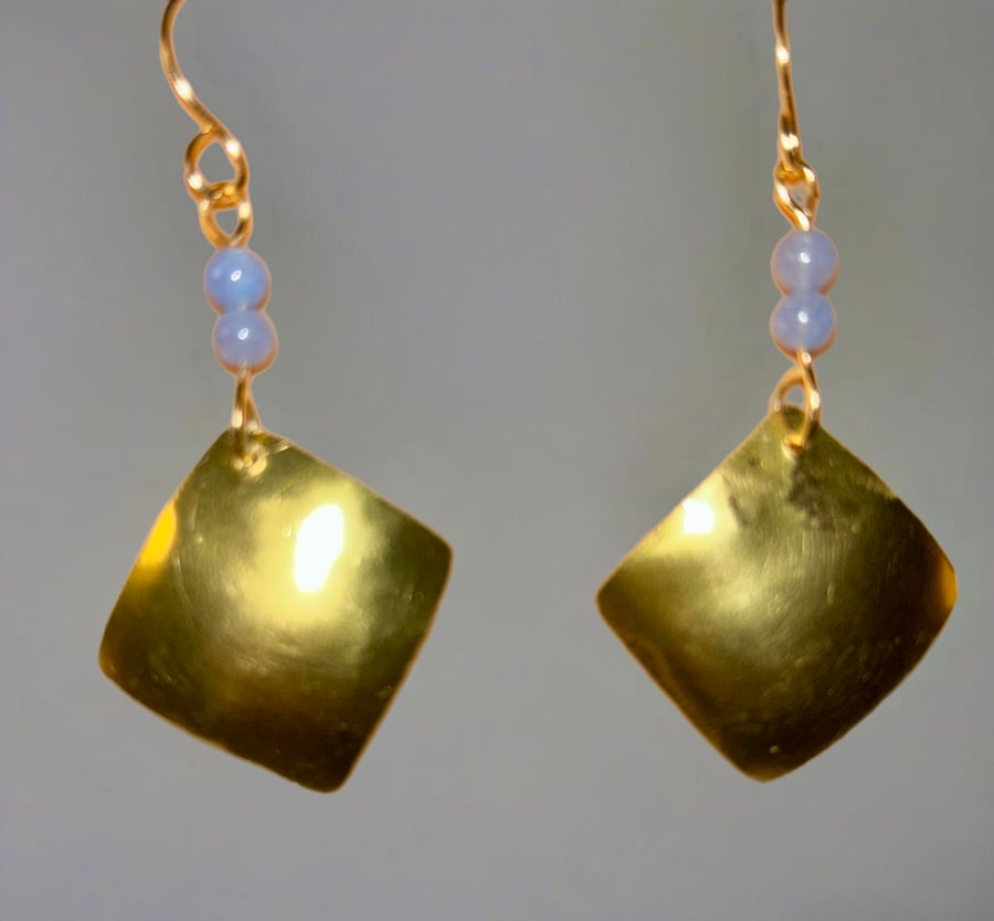 Earrings - Domed Aquamarine Brass March Birthstone, Freepost