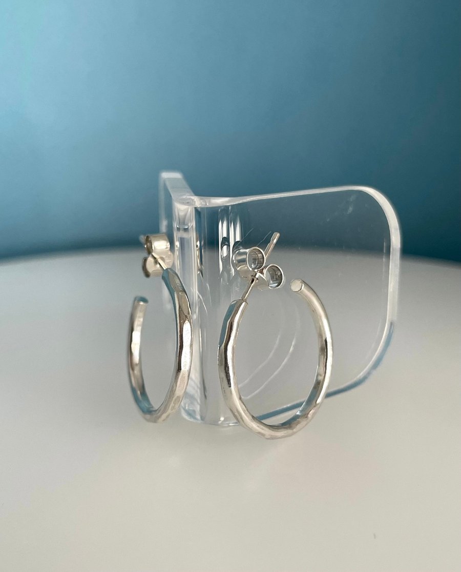 Classic Solid Sterling Silver Hoop Earrings Size 20mm Hammered-Faceted Handmade