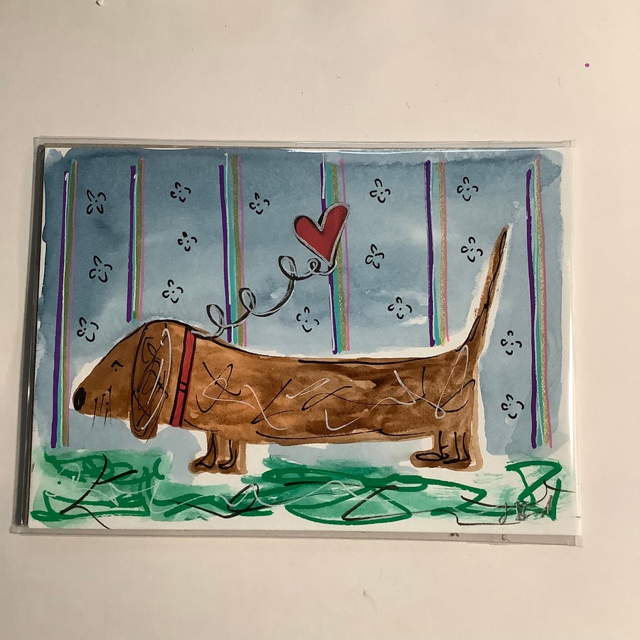 Sausage dog Valentine painting. Original art. Dachshund. Gift