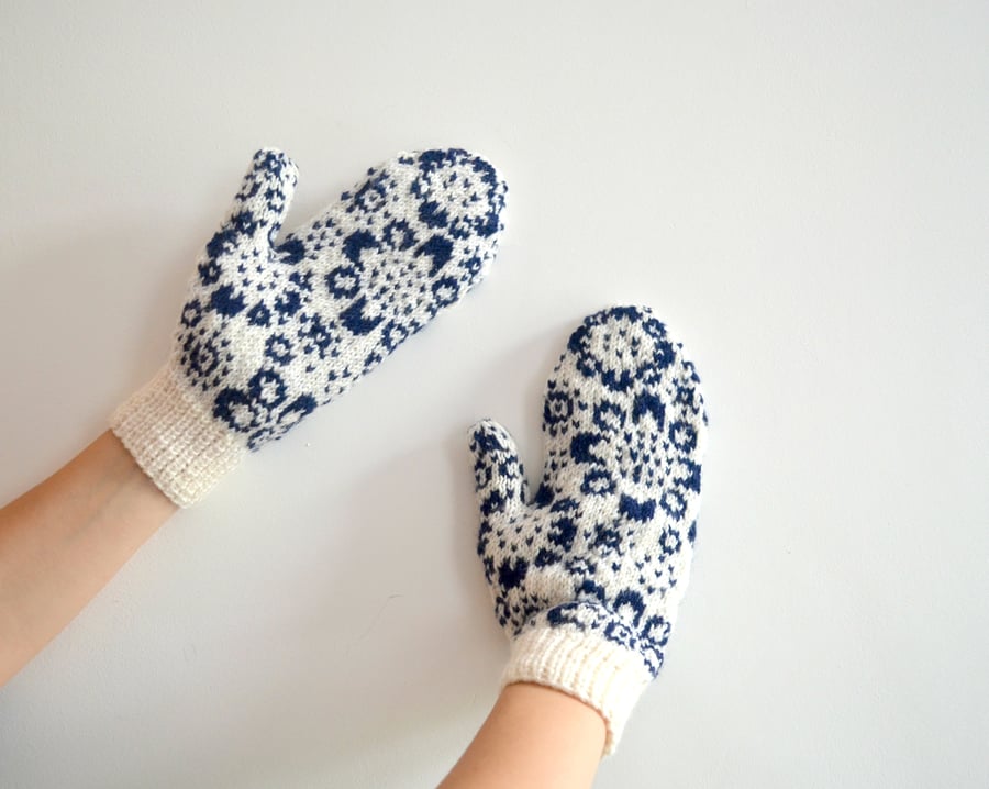 White Wool Mittens Floral Navy Flowers Snowflake Winter Christmas