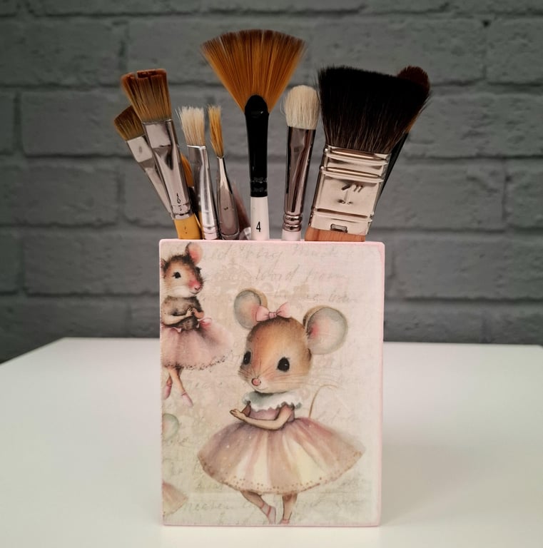 Ballerina Mouse Wooden Desk Organiser, Decoupage Pen & Brush Holder