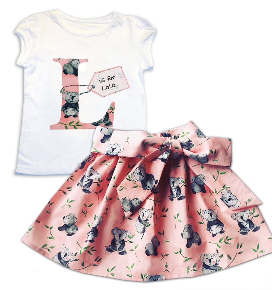 Girl's Koala Personalised Skirt and T-shirt Outfit, Girls Clothing 