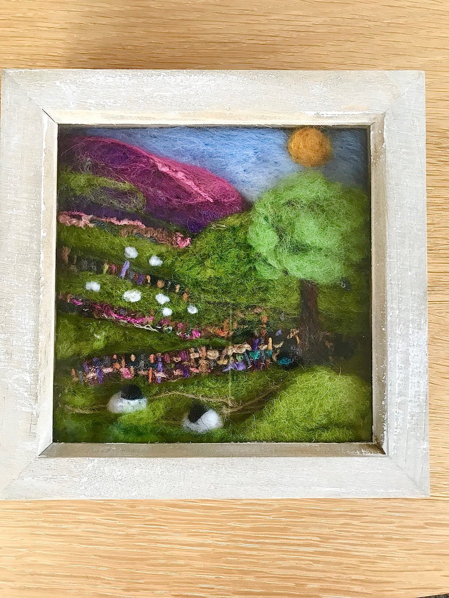 Needle felted landscape picture with sheep 