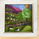 Needle felted landscape picture with sheep 