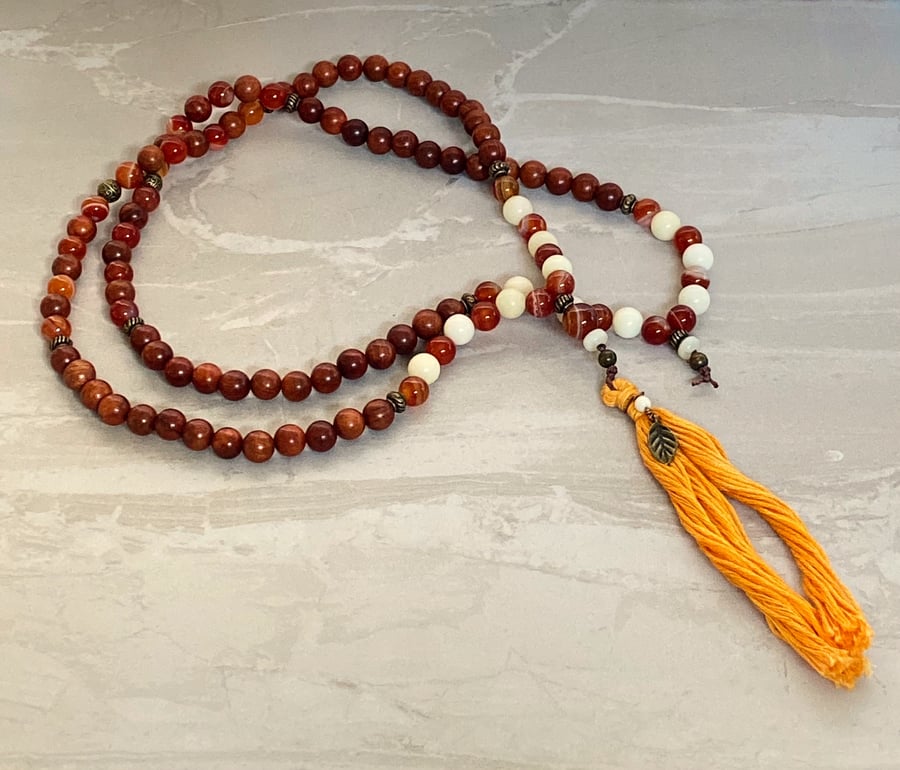 Wood, Bodhi Seed and Red Agate Pureland Mala