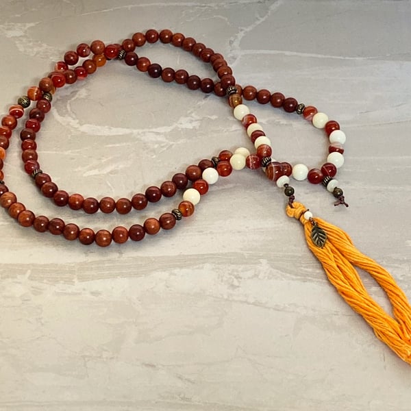 Wood, Bodhi Seed and Red Agate Pureland Mala