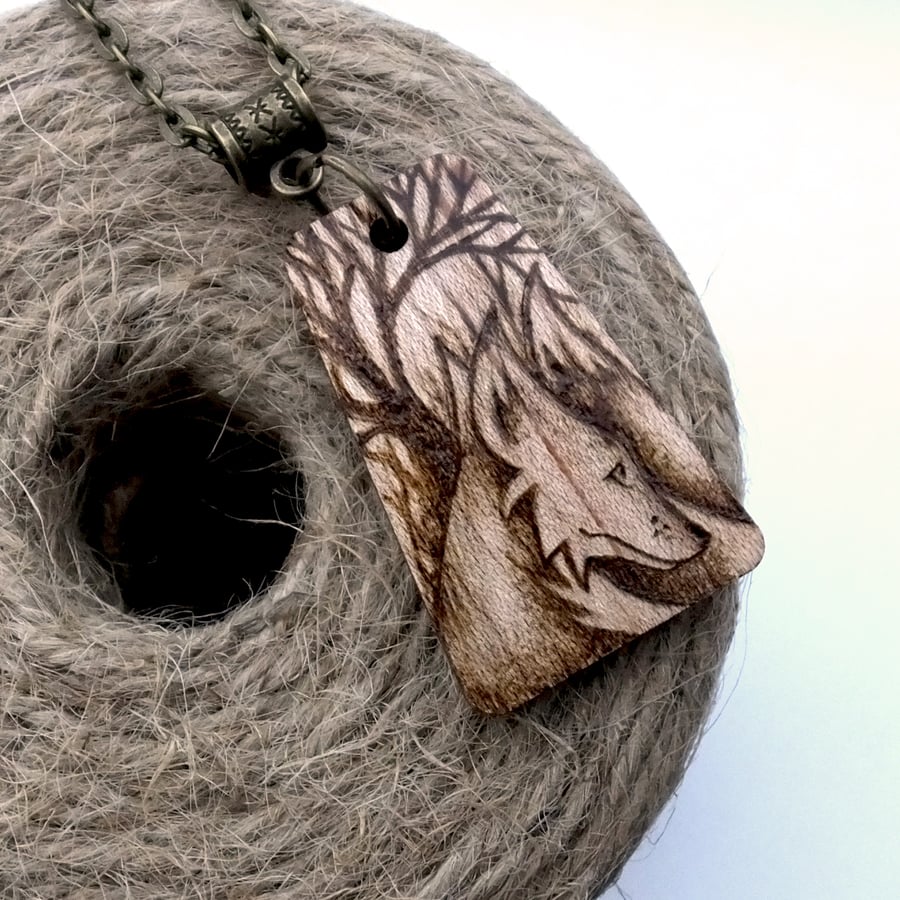 Winter Woodland Fox Pyrography Pendant Necklace