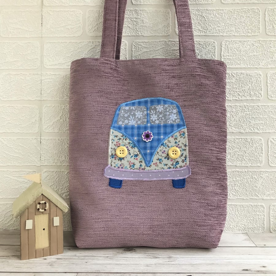 Campervan tote bag in lilac with floral and checked campervan