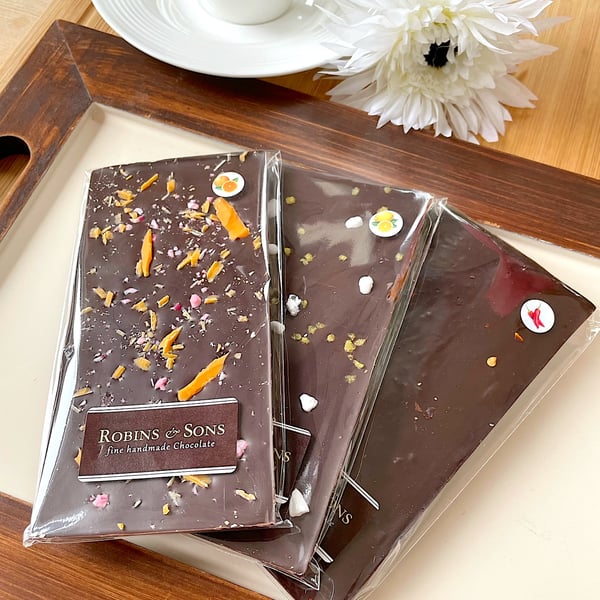 3 x Dark Chocolate ORANGE, LEMON, CHILLI handmade artisan chocolate bars. 