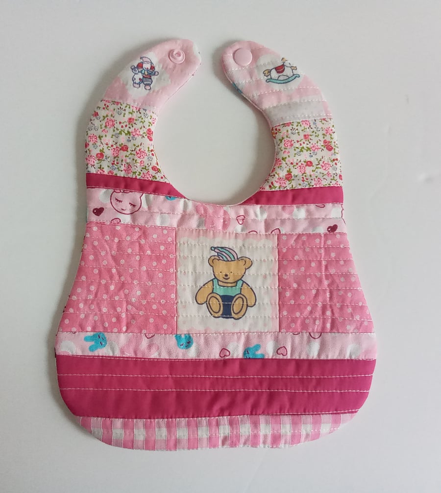 Pink Patchwork, quilted, reversible bib, Teddy Bear and bunnies, newborn girl