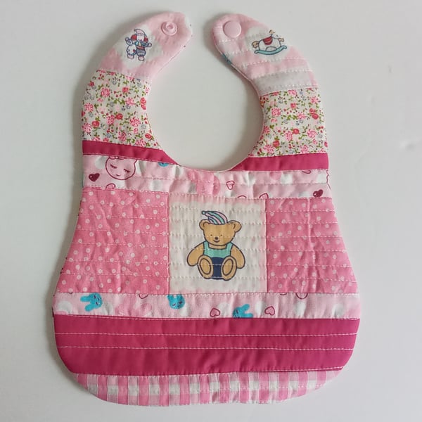 Pink Patchwork, quilted, reversible bib, Teddy Bear and bunnies, newborn girl