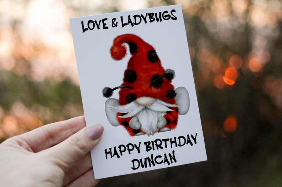 Love & Ladybugs Gnome Birthday Card, Gonk Birthday Card, Personalized Card