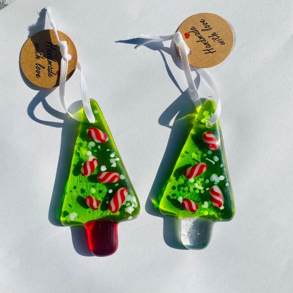 Fused glass Christmas tree decoration with candy cane 