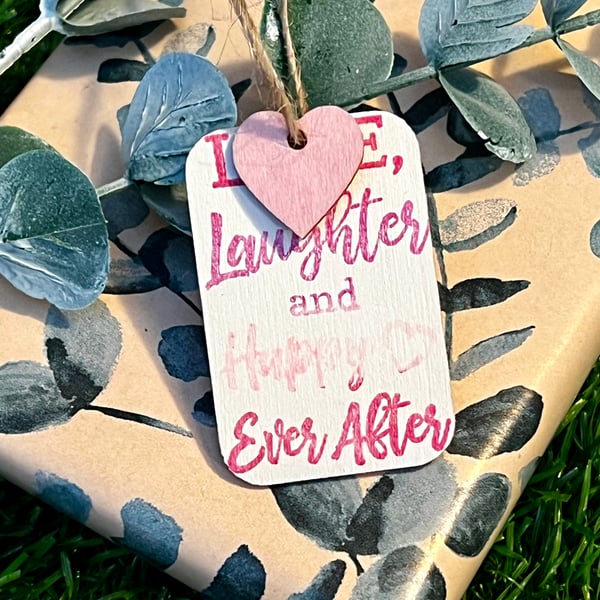 ‘Love & Laughter’ White Wooden Gift Tag 