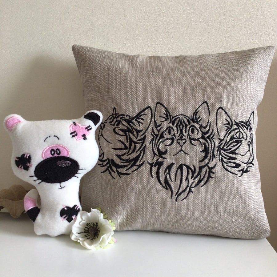 Cats embroidered cushion, trio.