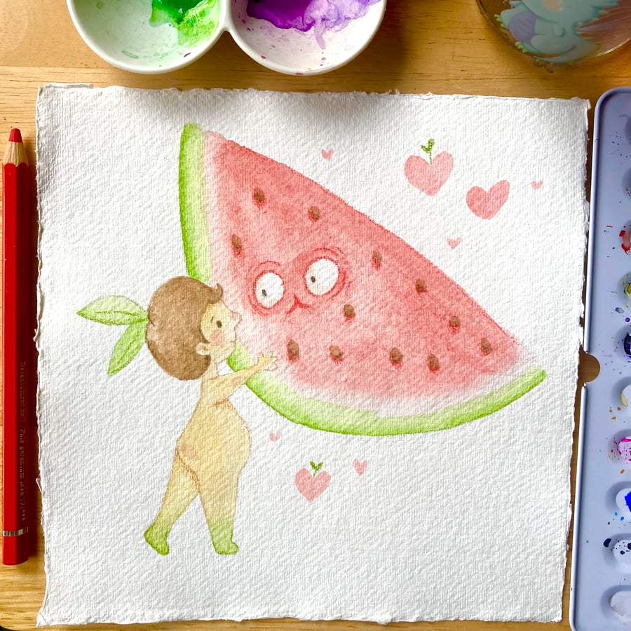 Watermelon and girl, watercolour paper, 20cm x 20cm original art.