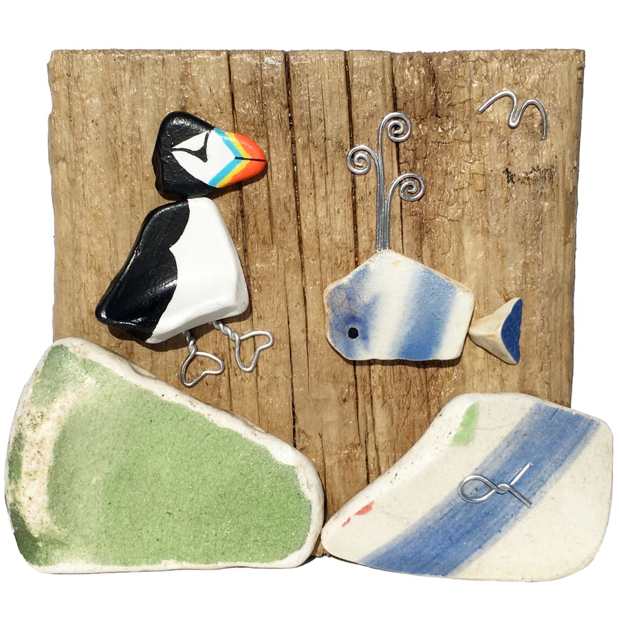 Handmade Puffin & Whale on Driftwood - Beach Pottery Pebble Art Wooden Ornament