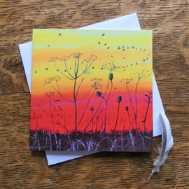Sunset Landscape Card with Birds and Wild Flowers from Original Oil Painting