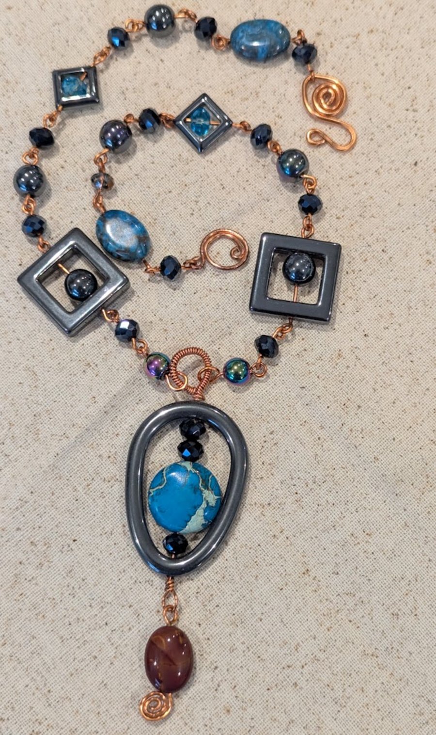 Non-tarnish Copper Necklace with Sea Sediment Jasper & Hematite Beads