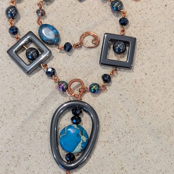 Non-tarnish Copper Necklace with Sea Sediment Jasper & Hematite Beads