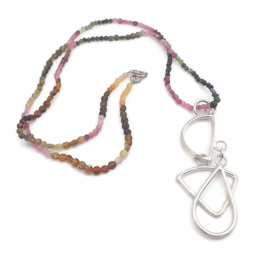 tourmaline bead necklace with handmade sterling silver wire geometric pendant