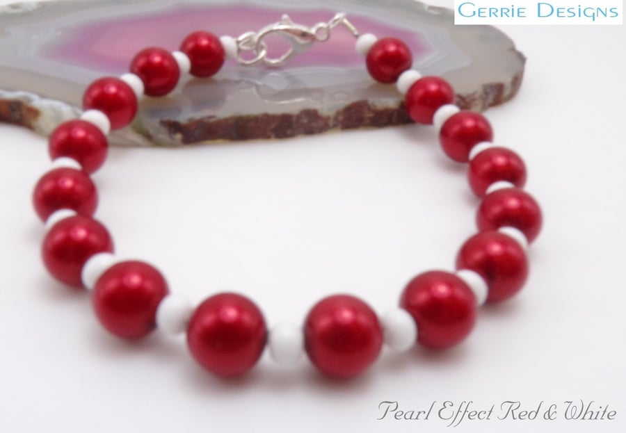 Red & Clear Bead Round Pearl beaded Silver Bracelet.